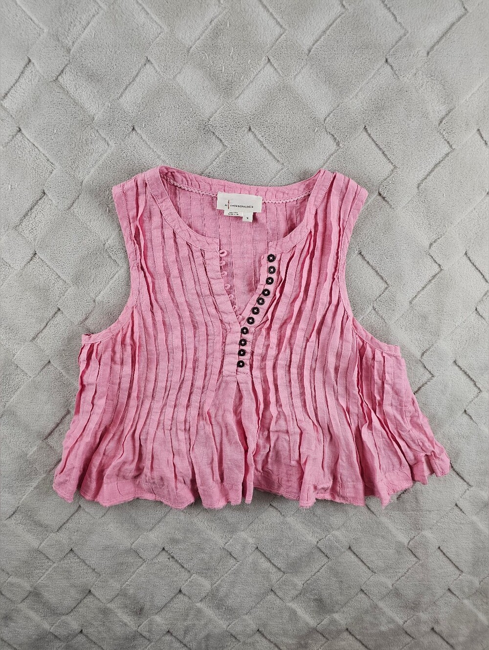 Anthropologie Lottie Pink Pleated Sleeveless Button-Accent Top Medium Linen